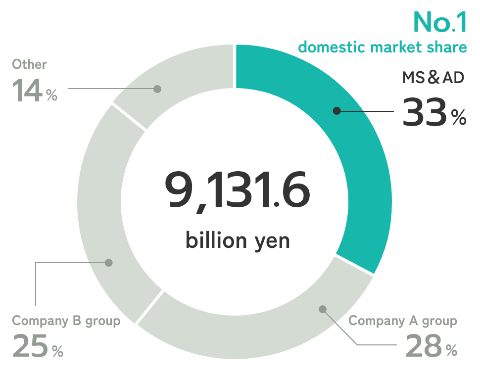 9,131.6 billion yen. domestic market share No.1. MS＆AD: 33%, Company A group: 28%, Company B group 25%, Other 14%