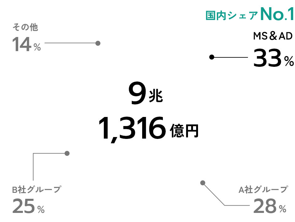 9兆1,316億円：国内シェアNo.1 MS＆AD 33%、A社グループ28%、B社グループ25%、その他14%